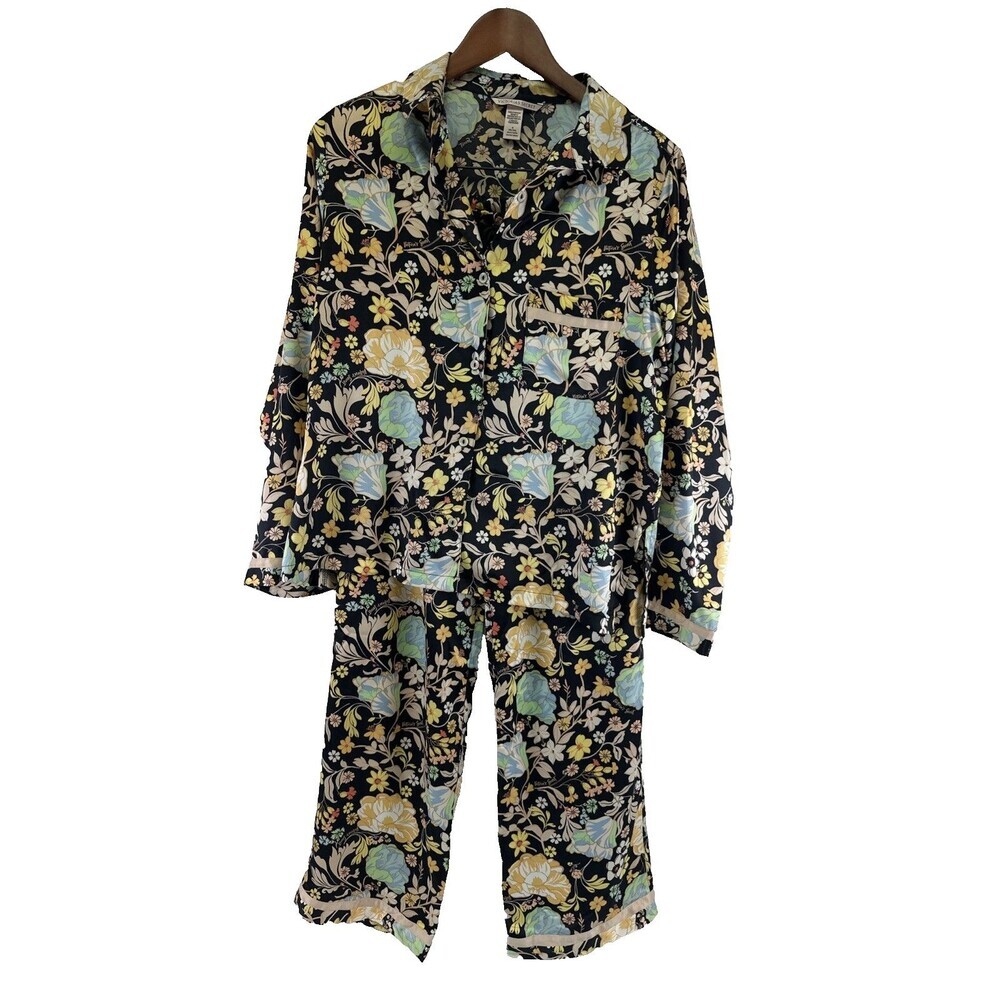 Victorias Secret Satin Pajama‎ Set Pants Long Sleeves Black Yellow Floral Medium